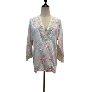 Vtg Sara Beth Sleep Top Pj Double‎ Breasted Floral Satin Embroidered Beaded